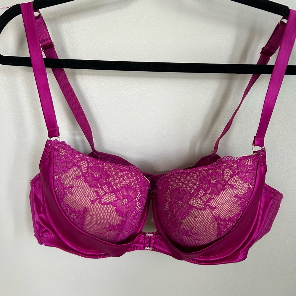 Lace Underwire Bra Vibrant Pink with rhinestone front buckle. 42D